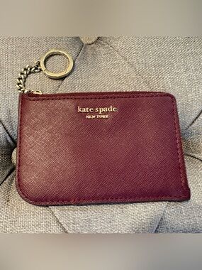 Kate Spade Cameron Cherrywood L-Zip Card Holder Wallet Keychain EUC